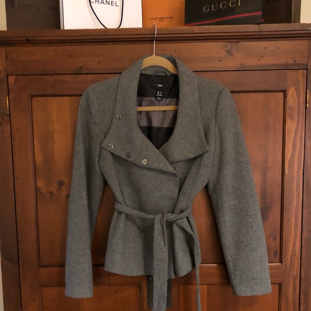 Wool blend belted double breasted blazer